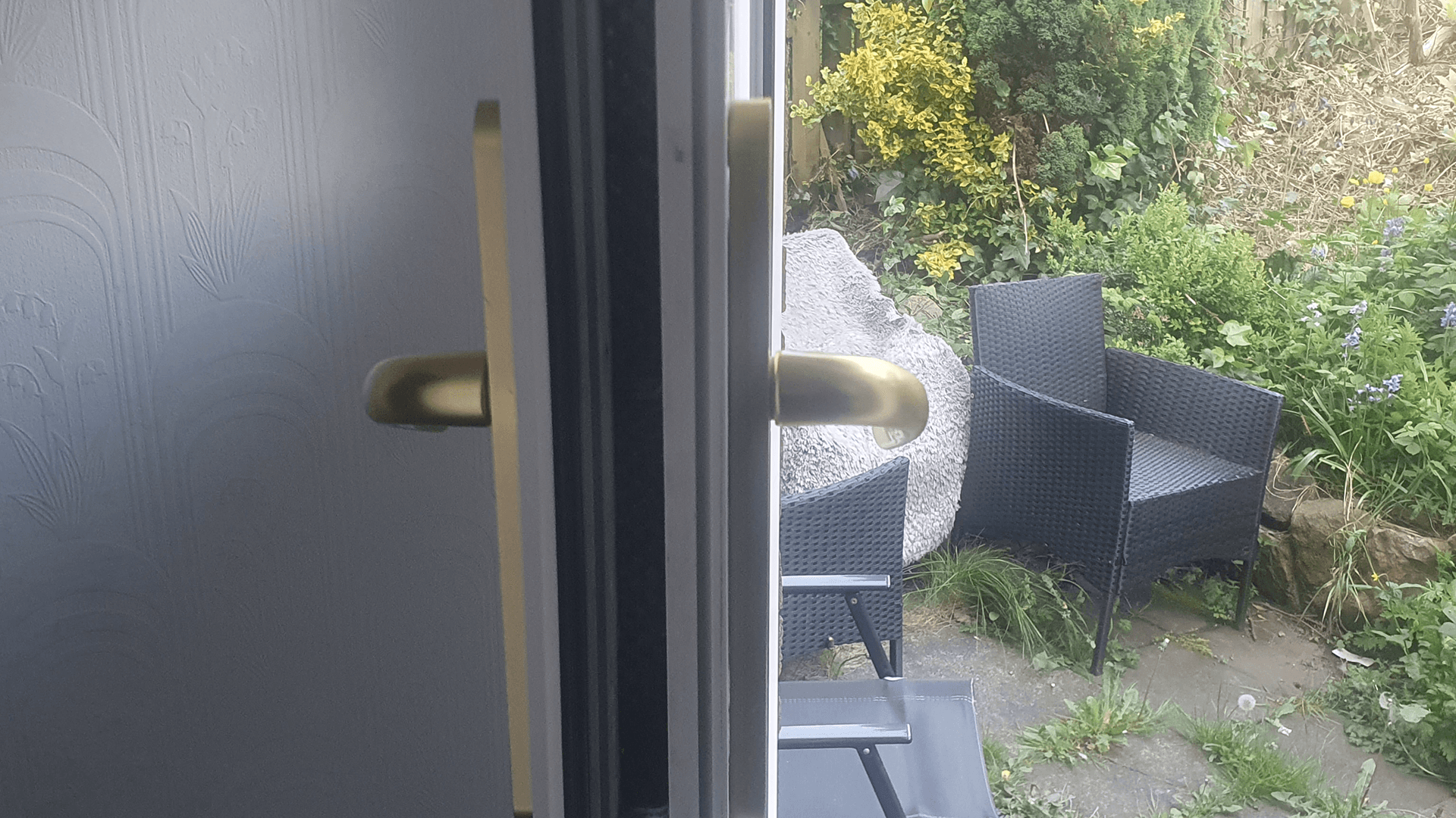 Before and after comparison of a door with missing lock mechanism and the completed installation by AD Locksmithing