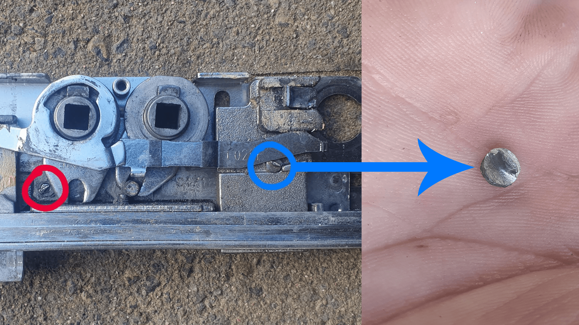 Disassembled Lockmaster lock showing internal jam point and broken piece